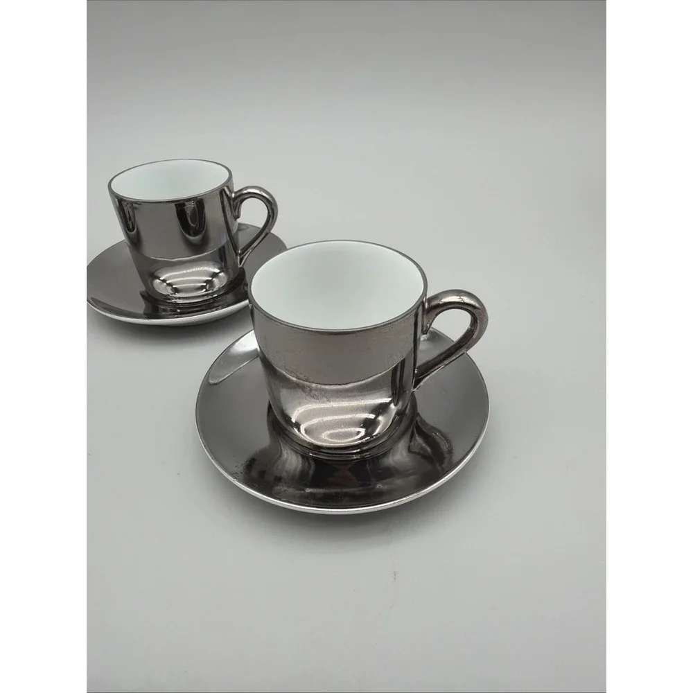 Fitz & Floyd Silver Demitasse Espresso Cups & Saucers Set 4 FF Stamp
